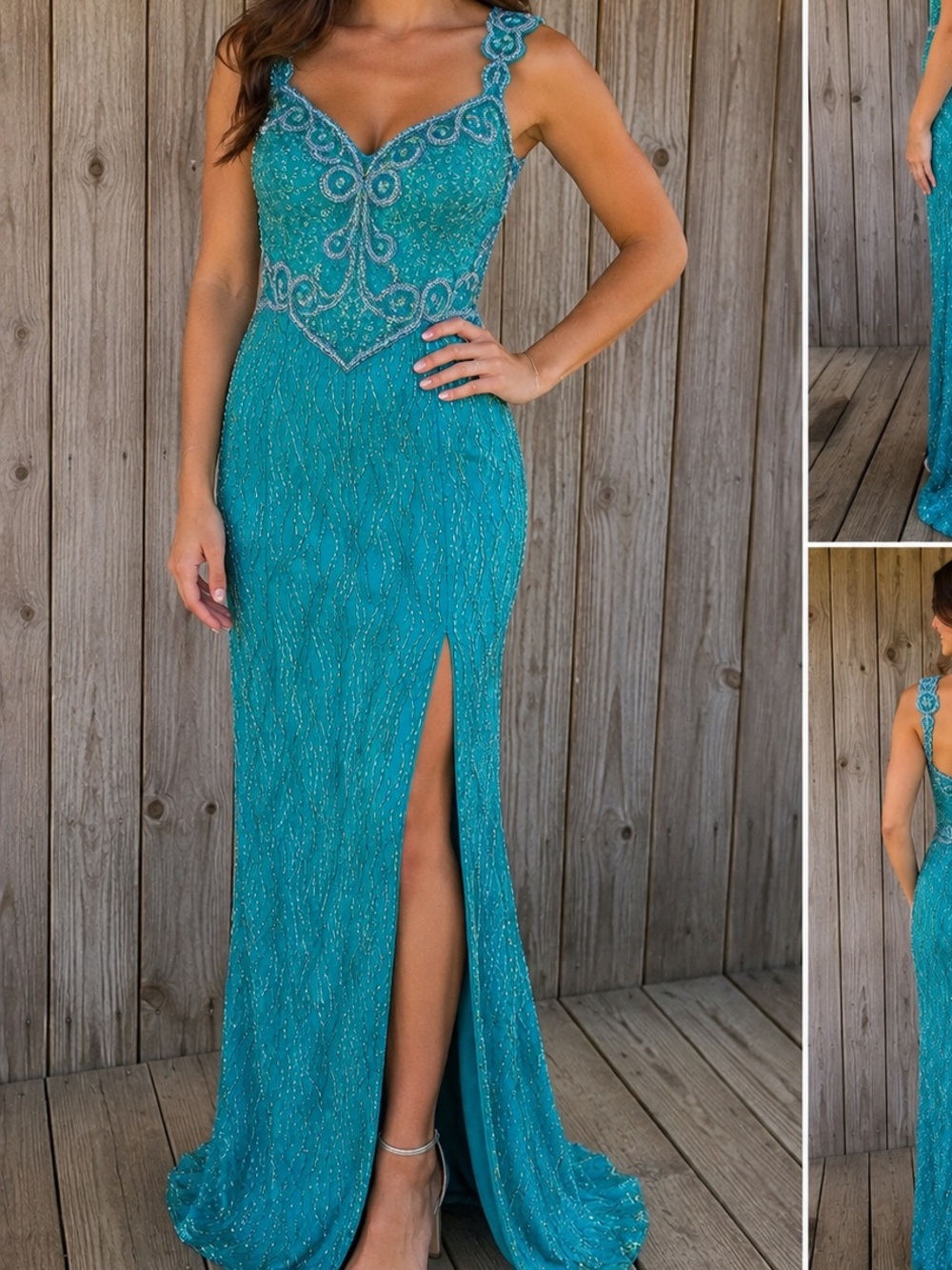Vintage Mike Benet Formals Teal Silk Beaded Sequin Gown Size 8 NWT